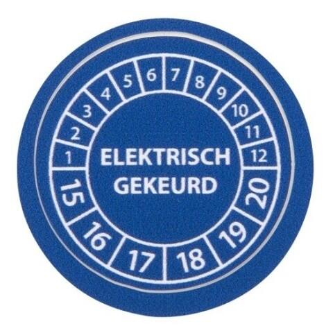 gedenkplaat  "elektr. gekeurd " 15-20, blauw, Ø20mm, (boog=10)